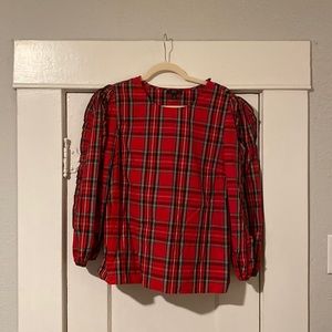 J.Crew Red Tartan Plaid Blouse with Puff Sleeve & Ruffles